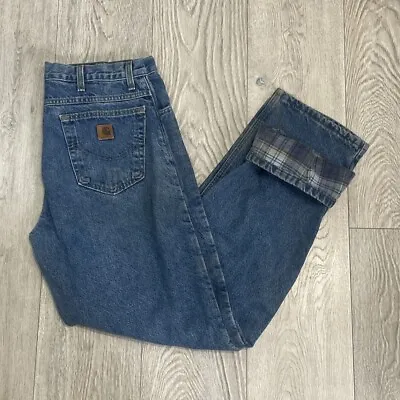 Vintage Carhartt B21DST Flannel Lined Blue Denim Jeans Men’s Measures 35x32 • $23.65