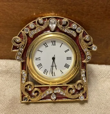 Miniature 2-1/4” Red Enamel Brass W/Rhinestones Desktop Quartz Clock - Working • $24