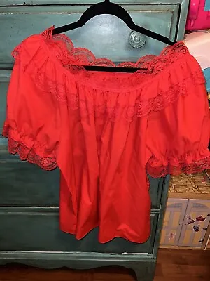 Women’s Red Lace Square Dancing Shirt Gypsy RED Cosplay Top XL Costume Vtg • $19.99