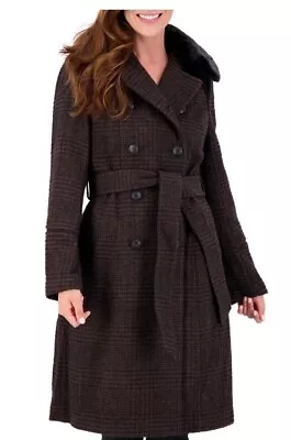 NWT  $400 Vince Camuto Fall Jacket Wool Trench Coat Black Brown Faux Fur XL • $65