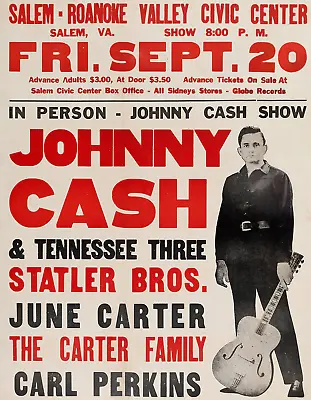 $7.99 • Buy 1968 Johnny Cash & The Tennessee Three Salem Roanoke Concert Poster Print 🎵