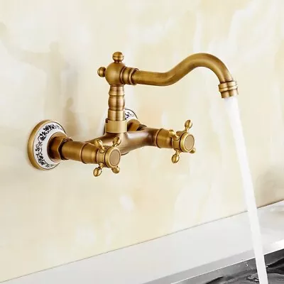 Bathroom Brass 2 Handles Wall Mounted Swivel Spout Sink Faucet Basin Mixer Taps • £59.99