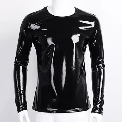 Mens Wetlook PVC Leather Tees Nightclub Latex PU T-shirts Long Sleeve Slim Tops • £22.79