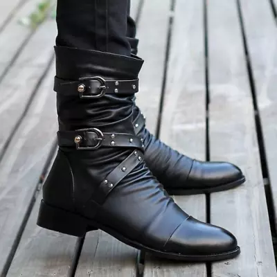 Men Punk Zipper Buckle Belt Ankle Boots Pointy Toe Vintage Gothic Rock Shoes • $45.99