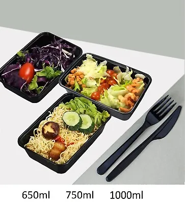 Black Takeaway Food Plastic Containers Boxes Microwave Freezer Safe Secure Reuse • £13.99