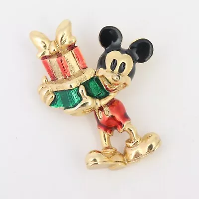 Vintage Disney Mickey Mouse Christmas Gift Brooch Pin Enamel Red GreenBlack Gold • $17.95