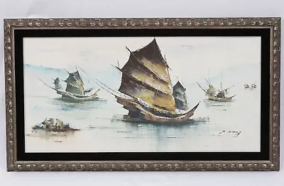 P. Wong Vintage Oil Painting Large 30x15 Mid Century Chinese Junk Ships Velvet • $239.99