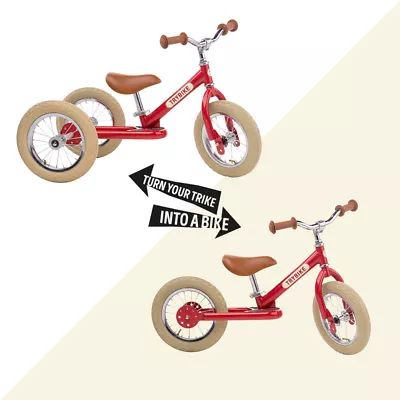 Trybike 2 In 1 Steel Tricycle Balance Bike Red Vintage Chrome Parts Cream Tyres • $206.90