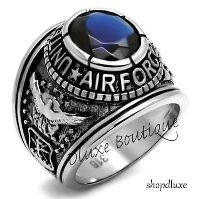 Men's Stainless Steel Simulated Sapphire US Air Force Military Ring Size 8-14 • $16.99