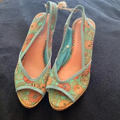 Odeon Size 5 Summer Floral Wedge Shoes Comfy Heel Blue Vintage Party Holiday • £14.90