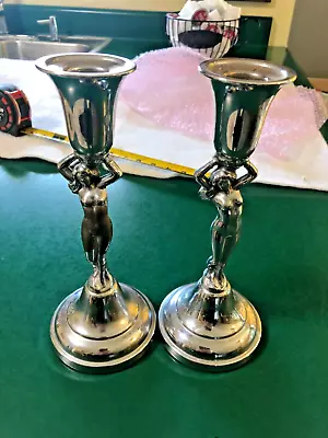 $10 • Buy Estate Finds Pair Of Farber Bros. Art Deco Nude Lady Chromed Candle Holders.
