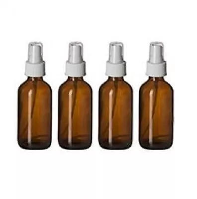  4 Amber 4oz Boston Round Glass Bottle White Spray Fine Ribbed Mist Sprayer 60ml • $9.95