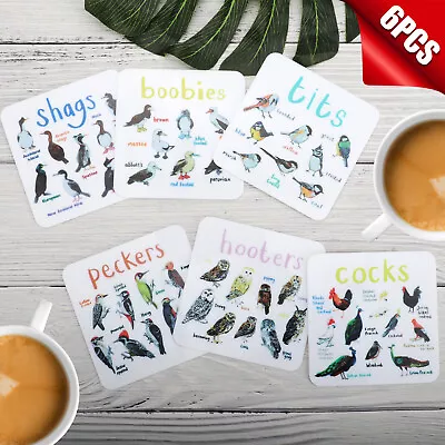 $11.98 • Buy Funny Set Of 6 Bird Pun Square Coasters For Drinks Home Room Kitchen Decoration