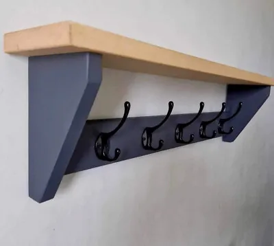 Coat Rack+Shelf Floating Rustic Handmade Wall Mounted Black Double Hooks • £38.99