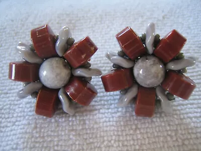 Vtg SIGNED Miriam Haskell Cluster Earrings Grey Brown. Clip W. Screw. 1 1/8  • $25