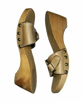 J. Crew Y2K Tan Leather Wooden Open Toe Clogs Sandals Women’s Size 8 • $44