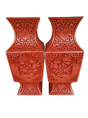 9  Da Qing Qianlong Marked Old Red Lacquerware Dynasty Flower Bottle Vase Pair • $349