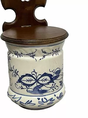Antique Porcelain Salt Box Wooden Lid Hanging Wall Mount Or Counter Blue White • $35.99