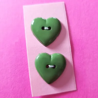 Vintage May Green Heart-Shaped 11/16  (18mm) Buttons 2-Hole Flat Set Of 2  • $6.11