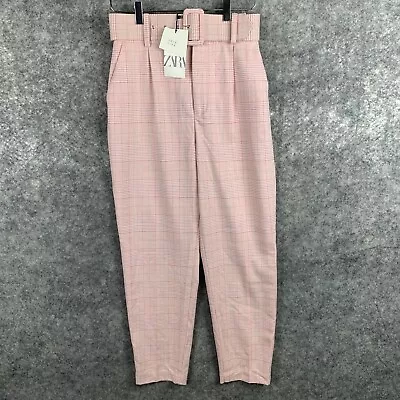 Zara Pants Womens Small Pink Plaid With Removable Belt High Waist Trousers New • $32.99