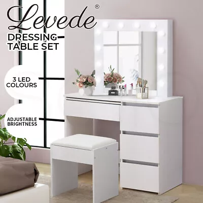 Levede Dressing Table Vanity Set Stool Makeup LEDs Mirror Jewellery Organizer • $189.99