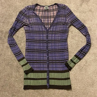 M Missoni Cardigan Womens 2 Purple Green Plaid  Wool Blend Sweater Shimmery • $44.96