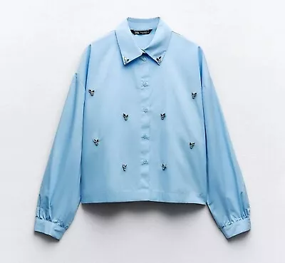 ZARA NWT WOMAN SKY BLUE JEWEL SHIRT WITH PEARL BEADS REF:3564/201 Size M • $25.90