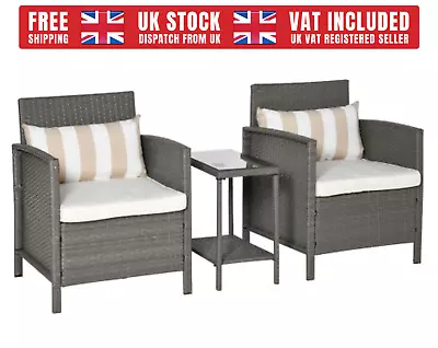 Garden  Patio Bistro Set Steel Frame Rattan Quality Fabrik  Cream White • £269.99