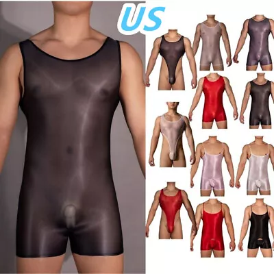 US Men's Glossy Sheer Sleeveless Bodysuit Leotard Jumpsuit Wrestling Singlet  • $11.18