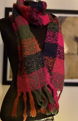 Irish Colorful Plaid Scarf Mohair Wool Rectangle Fringe Donegal Design • $19.99