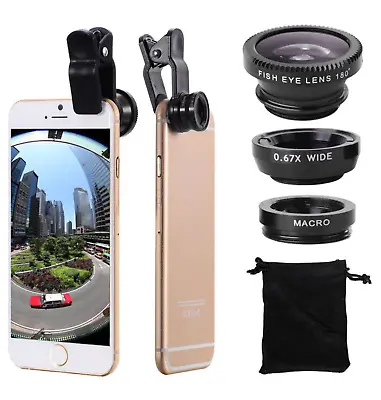 3 In 1 Fish Eye Wide Angle Macro Clip On Camera Lens Zoom For IPhone 7 8 X XR XS • £4.99