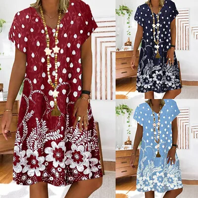 Plus Size Womens Short Sleeve V-Neck Dress Ladies Summer Beach Holiday Sundress • $20.82