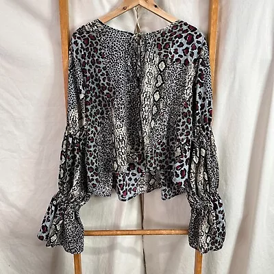 One Teaspoon Blouse Womens Large Multicoloured Animal Print Long Flared Sleeve • $24.95