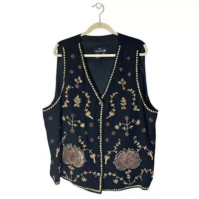 Carole Little Vest Womens 22W Black Vintage Embroidered Beaded Button Down • $25.49