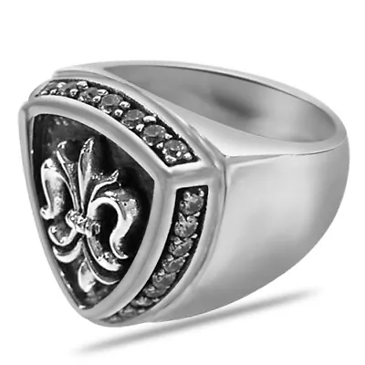 Mens Fleur De Lis Craved Band Ring Round  Simulated Diamond Sterling Silver 925 • $222.50