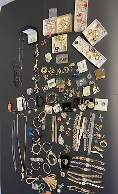 Vintage & Costume Jewelry Lot Necklaces Earrings Bracelets Watches Pins • $43