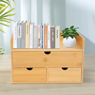 Bamboo Desk Organizer With 3 Drawers Tabletop Cosmetic Storage Simple Design NEW • $38