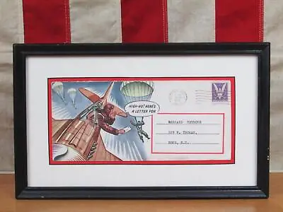 Vintage WWII US Army Military Cartoon Art Mail Envelope Paratrooper 1940s Framed • $107.10