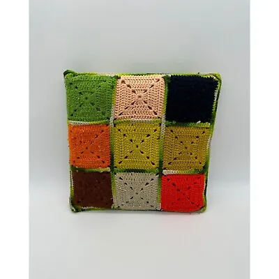 Vintage Throw Pillow Decorative Crocheted Granny Square Handmade Roseanne Boho • $16