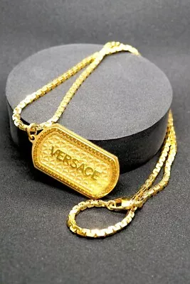 Versace Logo Dock Tag Necklace Gold Chain Pendants MEN'S Ladies Accessories Auth • $429.73