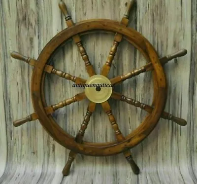 Vintage 36 Inch Big Ship Steering Wheel Wooden Teak Brass Nautical Pirate Ship's • $89.99