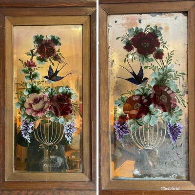 £170 • Buy Antique Victorian Handpainted Gypsy Mirrors In Oak Frames, Beautiful Pair