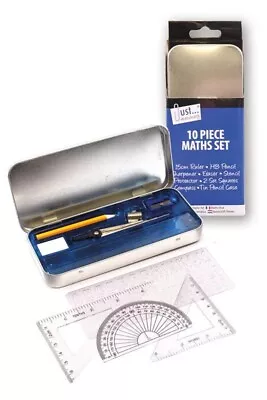 10 Piece Maths Set - Geometry Compass Ruler Protractor  Square School - Tin Case • £2.99