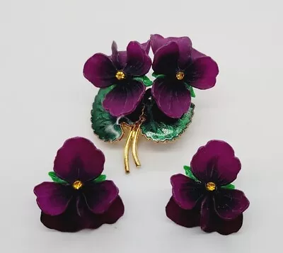 Vintage Purple Celluloid Pansy Enamel Flower West Germany Brooch & Earrings Clip • $80.10