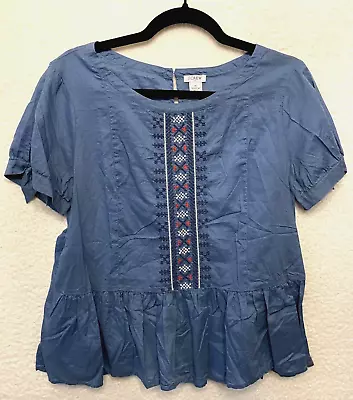 J.Crew Chambray Peasant Embroidered Peplum Blouse Blue Women's Size 10 • $19.99