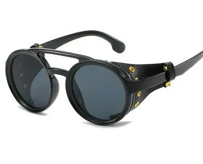 Men's Steampunk Retro Cyber Sunglasses Goggles Round Black Frame Leather Blinder • $16.99