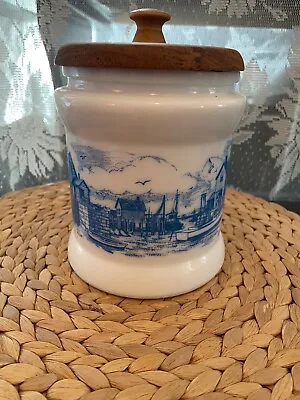 Vintage White Milk Glass Tobacco Canister W/ Blue Nautical Scenes & Wooden Lid • £11.88