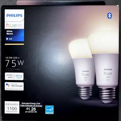 PHILIPS Hue White 2xE26 A19 10.5W LED=75W Smart Home Two Bulbs 563042 - NEW Box • $24.95