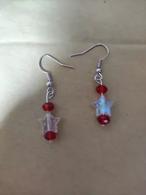 Silver Plated Fishhook Red Bead And Acrylic Star Earrings • $2.21