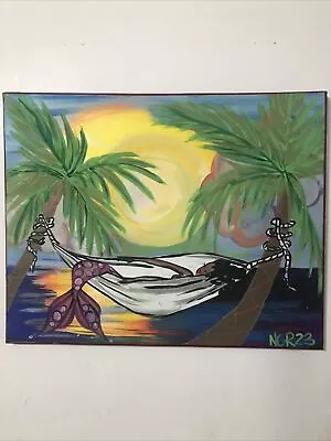 Original Outsider/folk Art NOR 16 X 20  Canvas Painting Mermaid Hammock Sunset • $25